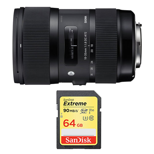 Sigma 210-101 AF 18-35mm f/1.8 DC HSM Art Lens for Canon SLR Bundle with Sandisk 64GB Extreme SDXC Memory UHS-I Card