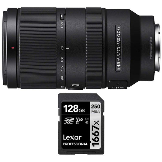 Sony E 70-350mm F4.5-6.3 G OSS Super-Telephoto Lens Bundle with Lexar Professional SDHC/SDXC 1667x UHS-II 128GB Memory Card