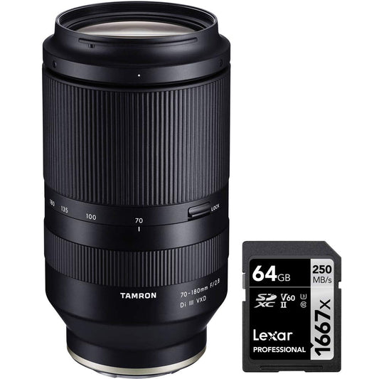 Tamron AFA056S-700 70-180mm F2.8 Di III VXD Lens A056 for Full Frame & APS-C Sony Mirrorless Camera Bundle with Lexar Professional SDHC/SDXC 1667x UHS-II 64GB Memory Card