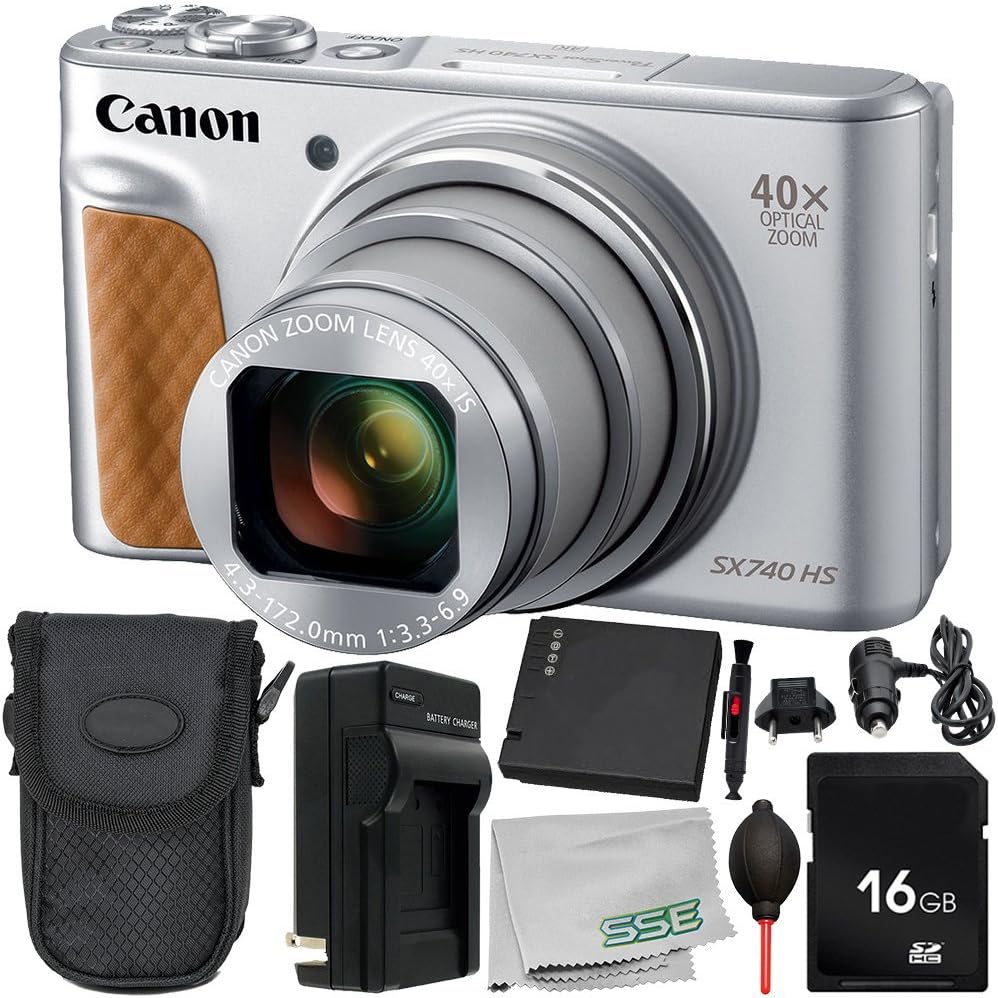 Canon PowerShot SX740 HS Digital Camera (Silver) 9PC Bundle - Includes Replacement Battery + AC/DC Rapid Home & Travel Charger + More