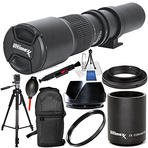 500mm F/8.0 Multi Coated High-Power Preset Telephoto Lens (for Canon) 10PC Accessory Bundle ? Includes 2.0X Tele-Converter + T-Mount Adapter + More