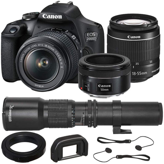 Canon EOS 2000D (T7) EF-S 18-55mm IS II Kit with Canon EF 50mm f/1.8 STM Lens and Basic Lens Accessory Bundle - Includes: 500mm Telephoto Preset Lens, Professional EF T-Mount and MUCH MORE