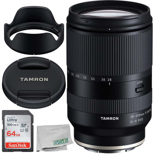 Tamron 28-200mm f/2.8-5.6 Di III RXD Lens for Sony E with Basic Accessory Bundle - Includes: SanDisk Ultra 64GB Memory Card, Manufacturer’s Accessories & Microfiber Cloth