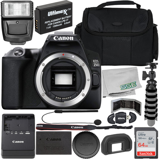 Canon EOS 250D (Rebel SL3) (Body Only) with Starter Accessory Bundle - Includes: SanDisk Ultra 64GB SDXC, Digital Flash, Extended Life Replacement Battery, Water Resistant Gadget Bag & More