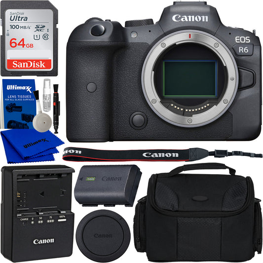 Canon EOS R6 Mirrorless Digital Camera (Body) with Starter Accessory Bundle. Bundle Includes: 64GB Ultra Memory Card, 1x Canon LP-E6NH Battery, Battery Charger for LP-E6NH Batteries, Soft Padded Carrying Case, and More