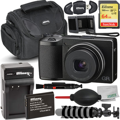 Ricoh GR IIIx Digital Camera with Essential Accessory Bundle: SanDisk 64GB Extreme SDXC, Extended Life Replacement Battery with Rapid Travel Charger & More (16pc Bundle)