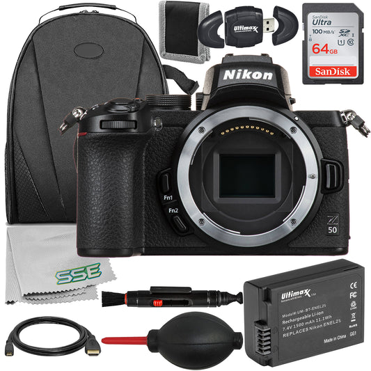 Ultimaxx Essential Nikon Z50 (Body Only) Bundle - Includes: 64GB Ultra Memory Card, Extended Life Replacement Battery, Water-Resistant Camera Backpack & More (16pc Bundle)