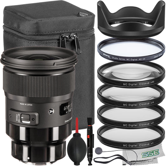 Ultimaxx Essential Sigma 24mm f/1.4 Art Lens Bundle (E-Mount) - Includes: 4PC Macro Close-Up Filter Kit (+1, +2, +4, +10 Diopter), Protective UV Filter, Universal Lens Cap Keeper & More (14pc Bundle)
