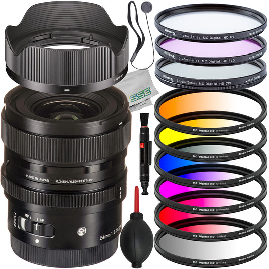 Ultimaxx Advanced Sigma 24mm f/2 Contemporary Lens Bundle (E-Mount) - Includes: 6PC Gradual Color Filter Kit, 3PC Protective Filter Kit (UV, CPL, FLD) & More (18pc Bundle)