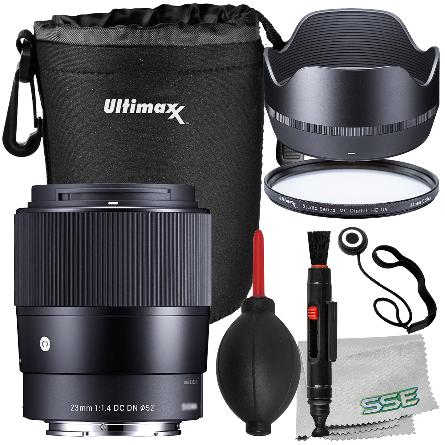 Ultimaxx Essential Sigma 23mm f/1.4 DC DN Contemporary Lens Bundle (E Mount) - Includes: Protective UV Filter, Water-Resistant Lens Pouch & More (10pc Bundle)