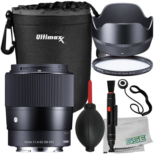 Ultimaxx Essential Sigma 23mm f/1.4 DC DN Contemporary Lens Bundle (E Mount) - Includes: Protective UV Filter, Water-Resistant Lens Pouch & More (10pc Bundle)