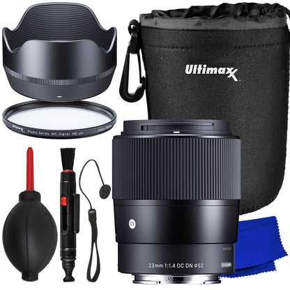 Ultimaxx Essential Sigma 23mm f/1.4 DC DN Contemporary Lens Bundle (X Mount) - Includes: Protective UV Filter, Water-Resistant Lens Pouch & More (10pc Bundle)